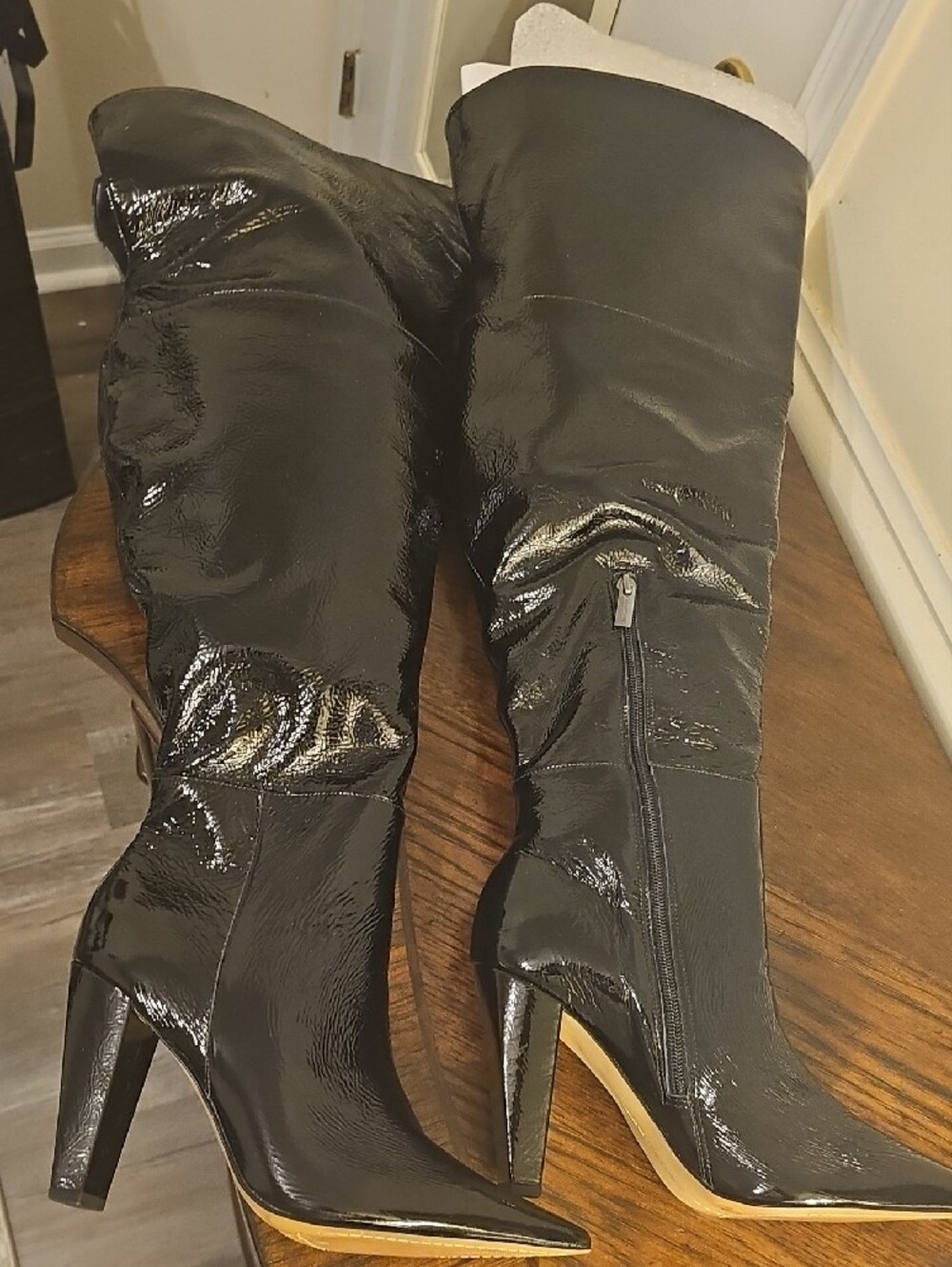 Vince Camuto Black Patent Over-the-Knee Pointed Toe Heeled Boots with Side Zip - Picture 2 of 8